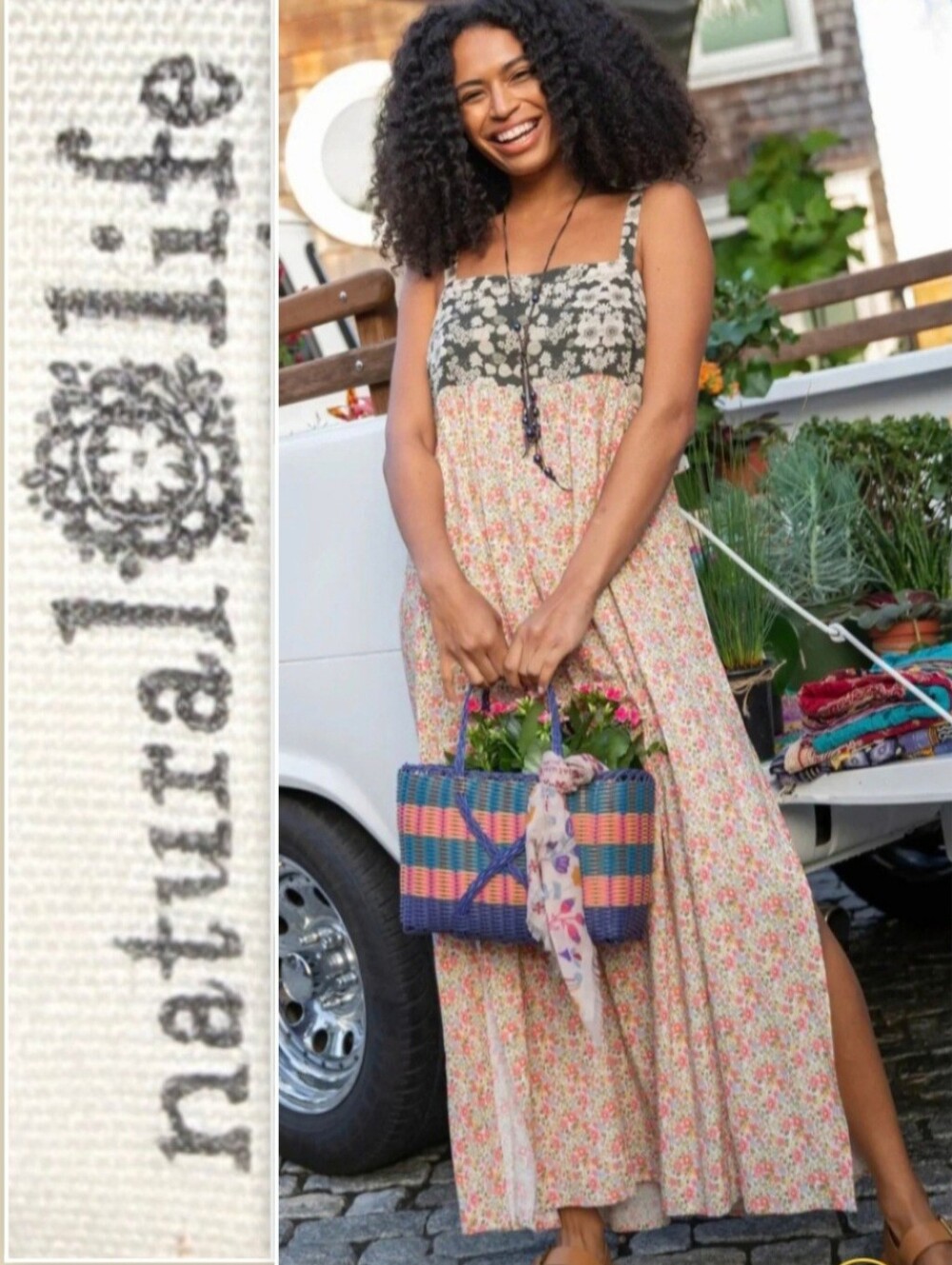NATURAL LIFE Floral Maxi Dress with Olive Bodice and Cream Skirt